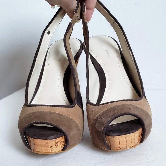 New CALVIN KLEIN Gracie Leather Striped Platform Peep Toe Heels Sandals - Picture 5 of 12